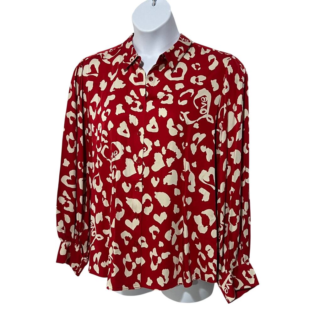 Chico's Top Size 3 16/18 100% Modal Heart Print Red Button Down Love Valentine